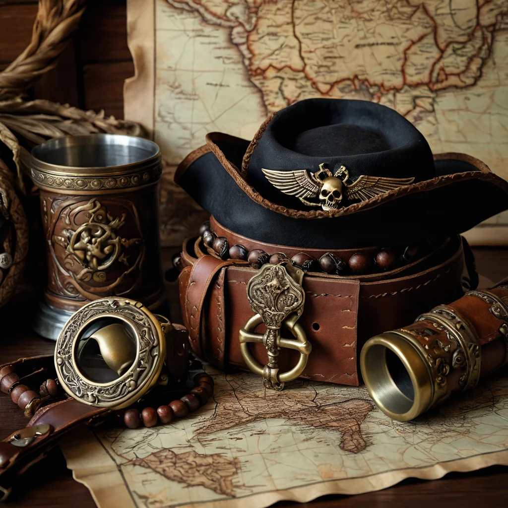 Фотореалистичная композиция пиратских аксессуаров: потёртый кожаный ремень с пряжкой, подзорная труба, деревянные бусы, треуголка с пером, старинная карта, с акцентом на текстуры и контрастное освещение.