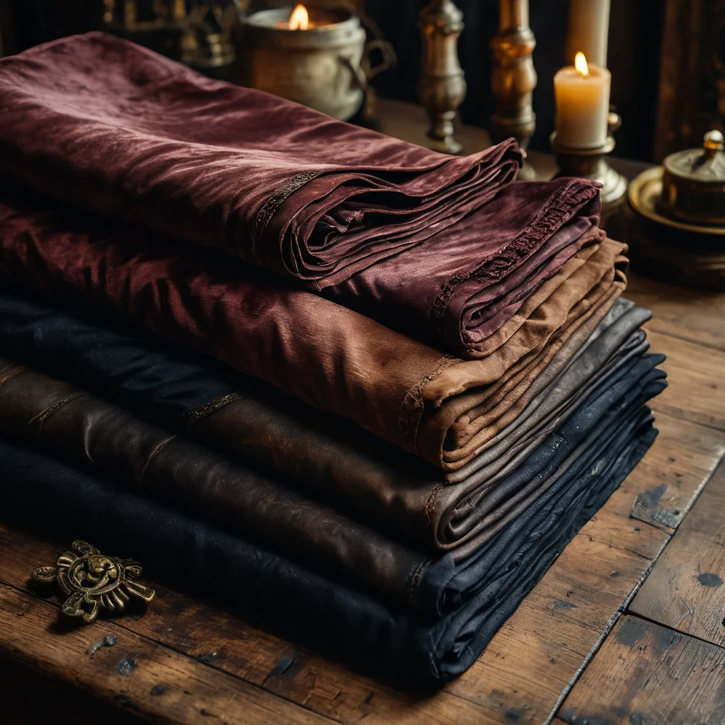 Фотореалистичный натюрморт с образцами тканей для пиратского костюма: бархат, состаренная кожа, грубый лён, старинный шёлк, разложенные на деревянном столе при драматическом освещении.