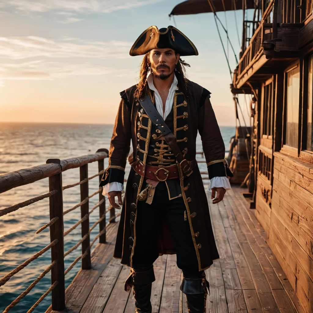 Фотореалистичный атмосферный портрет уверенного человека в полном пиратском костюме, стоящего на палубе корабля на закате, с морским туманом и текстурой выветренной древесины.