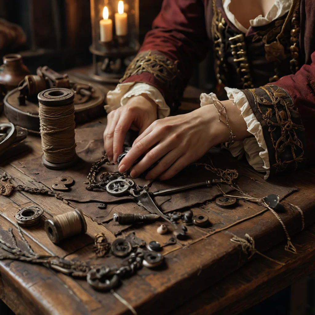 Фотореалистичный снимок крупным планом на рабочие руки, вышивающие сложные детали пиратского костюма, с акцентом на текстуру грубого холста, нитки и старинные инструменты.