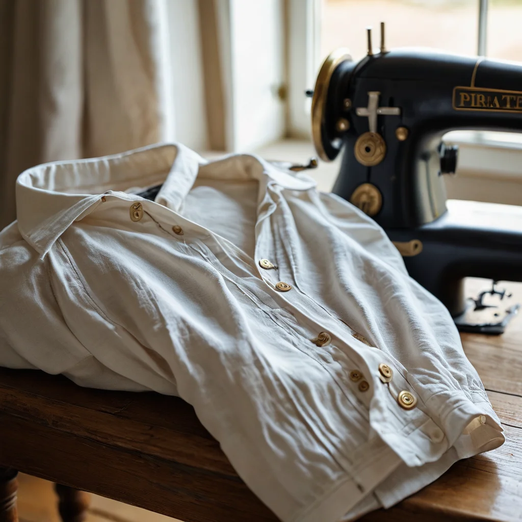 Фотореалистичный крупный план наполовину сшитой пиратской рубахи из льняной ткани, с акцентом на детали швов, манжеты и воротник, при мягком естественном освещении.