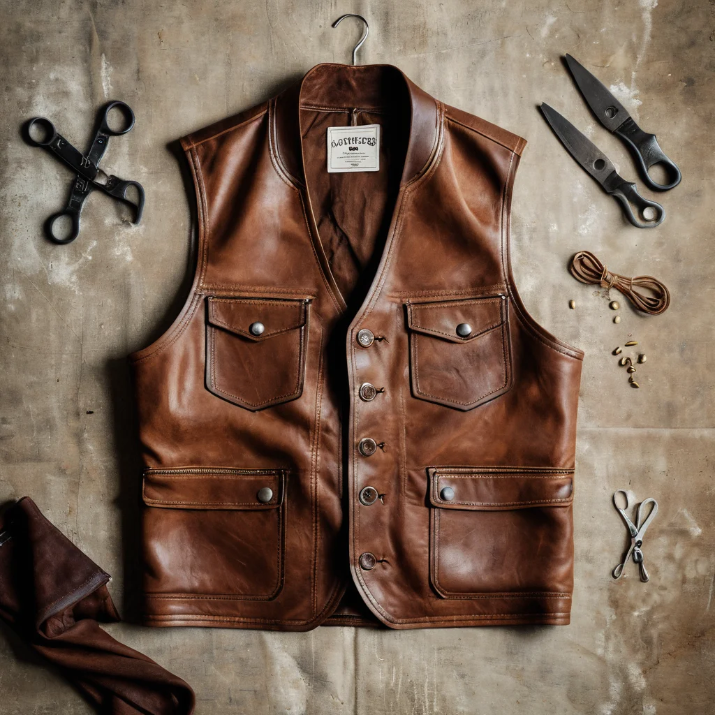Фотореалистичный снимок выкройки пиратского жилета, разложенной на состаренной коже, с линиями мела, булавками и ножницами, акцентирующий текстуру и крой.