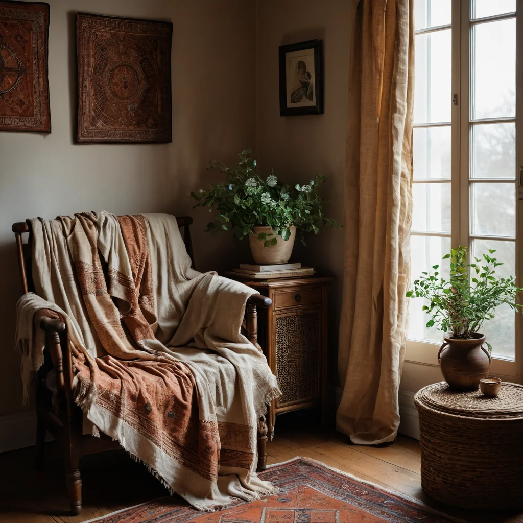 Крупный план старинного гобелена или ткани с богатой текстурой, символизирующей глубокую историю текстиля и его психологическое влияние на создание комфорта. Руки деликатно касаются поверхности, передавая связь поколений и уют, пришедший из глубины веков.