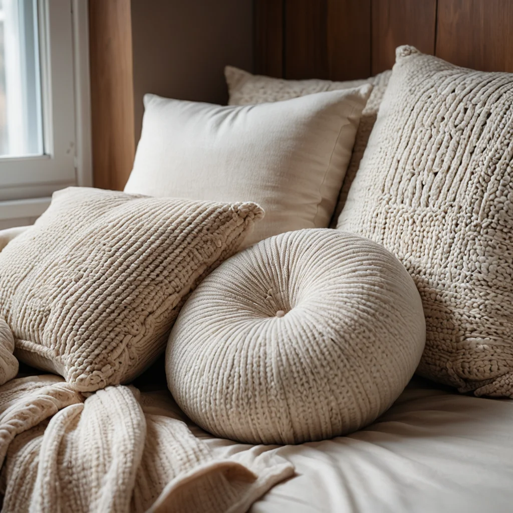 Изображение мягкой круглой подушки на уютном диване, залитой теплым солнечным светом. Текстура ткани подчеркивает комфорт и домашний уют, приглашая расслабиться и ощутить спокойствие. Подушка как хранитель вашей энергии в интерьере.