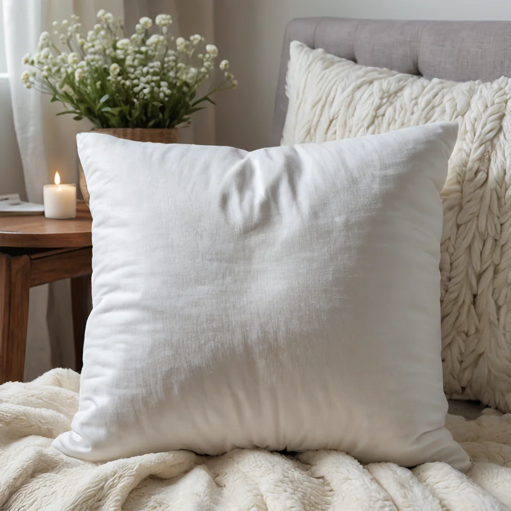 Руки бережно наполняют чехол круглой подушки мягким наполнителем, придавая ей идеальную форму и объем. Изображение показывает заключительные штрихи в создании подушки, когда она обретает свою пышность и уют, становясь полностью готовой.