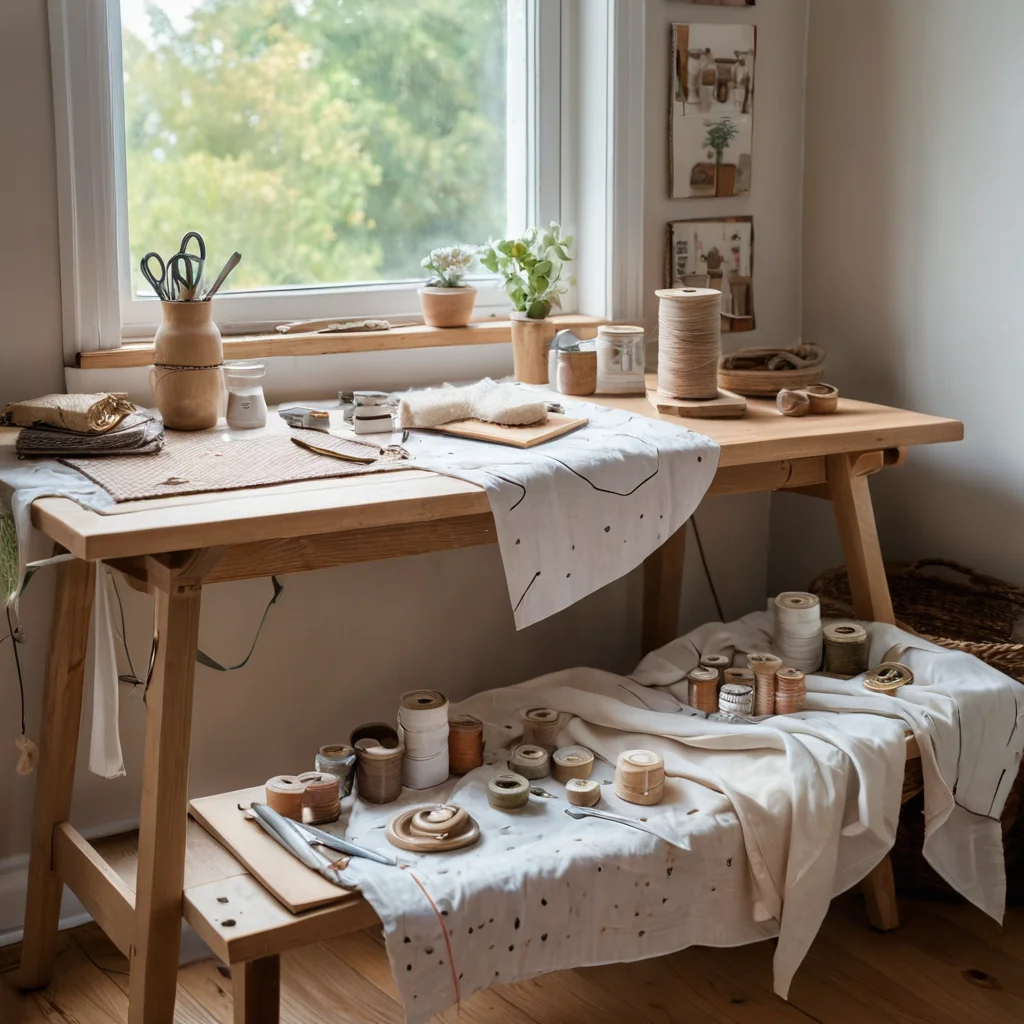 Аккуратно разложенные швейные инструменты: острые ножницы, яркие нитки, измерительная лента, а также ткань и выкройка на уютном рабочем месте. Изображение демонстрирует подготовку к творческому процессу создания круглой подушки, создавая атмосферу предвкушения волшебства.