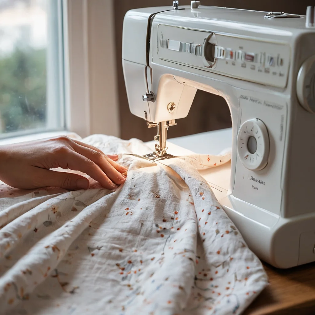 Крупный план швейной машины, игла которой аккуратно прошивает края круглой подушки, соединяя детали. Изображение передает процесс сборки изделия, показывая подробный мастер-класс по шитью с любовью и вниманием к каждой строчке.