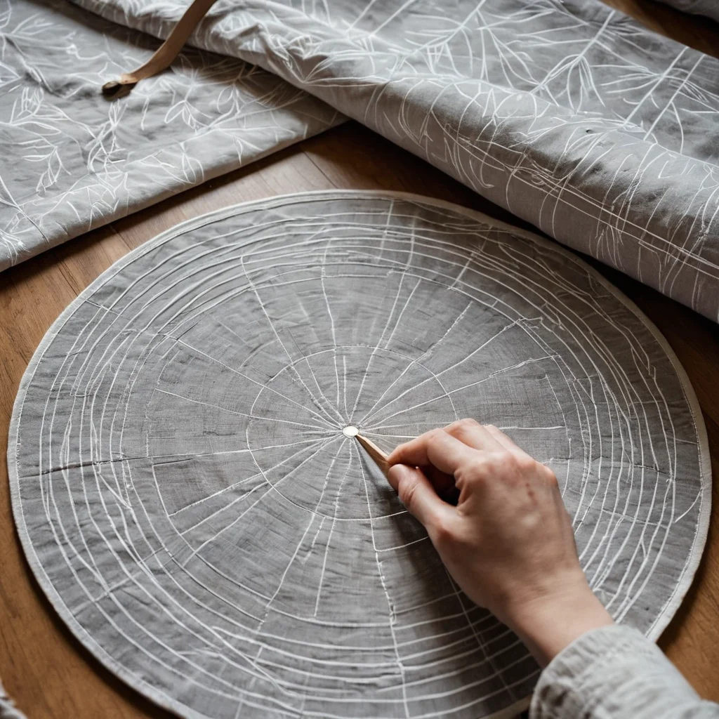 Руки аккуратно обводят круглую выкройку мелом на ткани, демонстрируя первый шаг в создании идеальной круглой подушки. Фокус на точности и внимании к деталям в процессе подготовки к раскрою материала, ключ к созданию подушки вашей мечты.