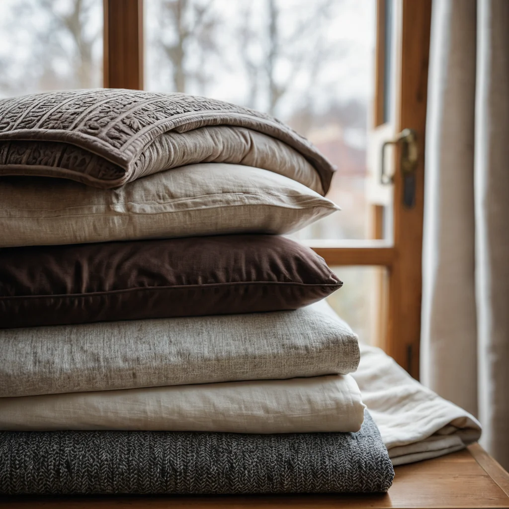 Подборка образцов тканей разных фактур и цветов, разложенных на столе: мягкий бархат, плотный лен, уютный хлопок. Изображение подчеркивает важность тактильных ощущений и долговечности при выборе идеальной ткани для круглой подушки, предлагая разнообразие материалов.