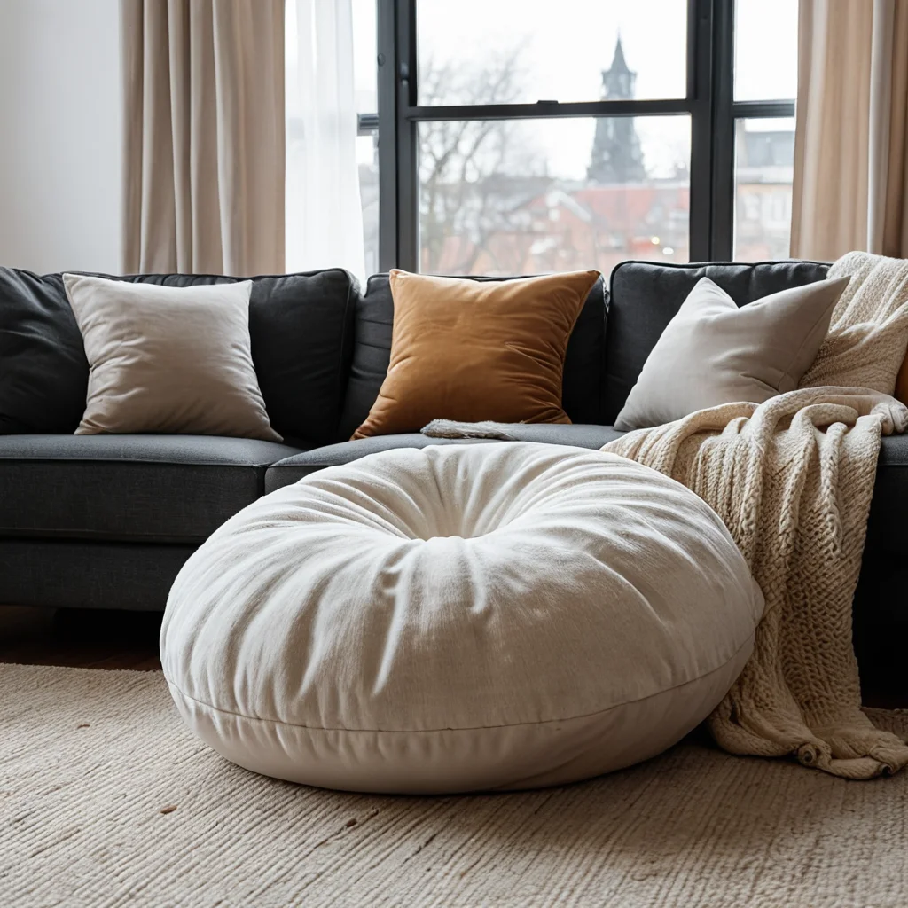 Эстетично расположенная круглая подушка в гармоничном интерьере, дополненная другими элементами декора на диване или кровати. Изображение подчеркивает идеи для стиля и ухода за изделием после пошива, демонстрируя ее новую жизнь как часть уютного и продуманного домашнего пространства.