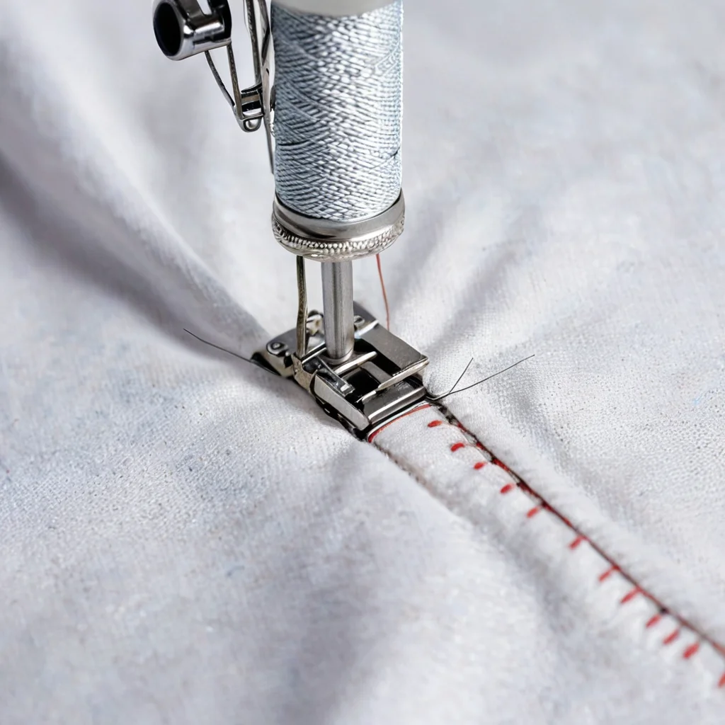 Визуализация частых ошибок при шитье шоппера: сморщенный шов, кривая строчка, неровный подгиб, с демонстрацией правильных решений.