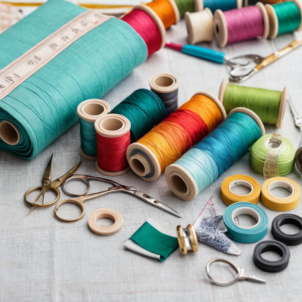 Разложенные на столе материалы и инструменты для шитья шоппера: образцы тканей, швейная машина, ножницы, нитки, сантиметровая лента, булавки и выкройка.