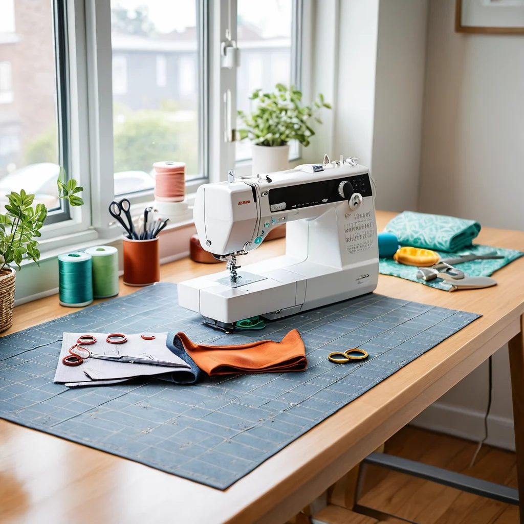 Фотография организованного и хорошо освещенного рабочего места для шитья, с акцентом на безопасность: чистый стол, острые ножницы и коврик для раскроя.
