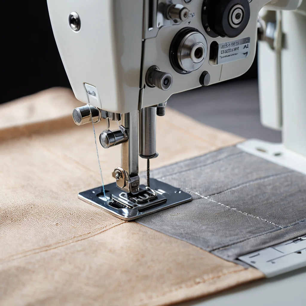 Крупный план швейной машины, выполняющей единственный длинный шов при пошиве шоппера, с идеально выровненными краями ткани.
