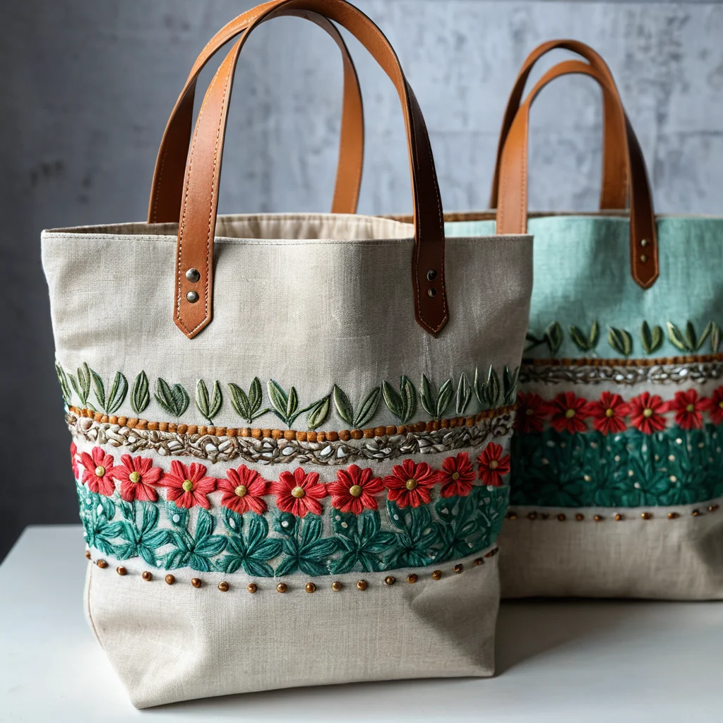 Различные варианты самодельных шопперов с уникальным декором: вышивка, роспись по ткани, разнообразные принты, демонстрирующие идеи для новых моделей.