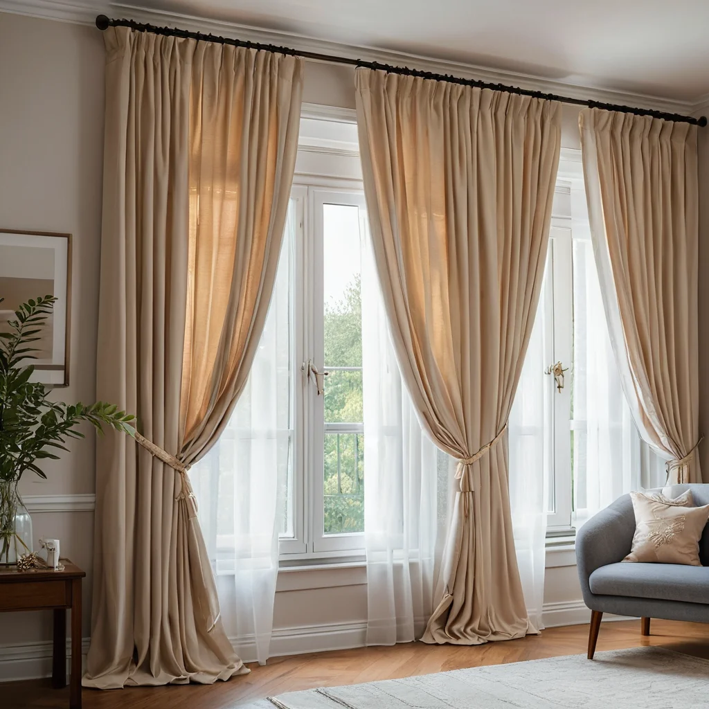 Готовая штора из натуральной ткани, украшенная простым декоративным подхватом, прикрепленная к элегантному карнизу, демонстрируя способы декорирования и крепления штор.