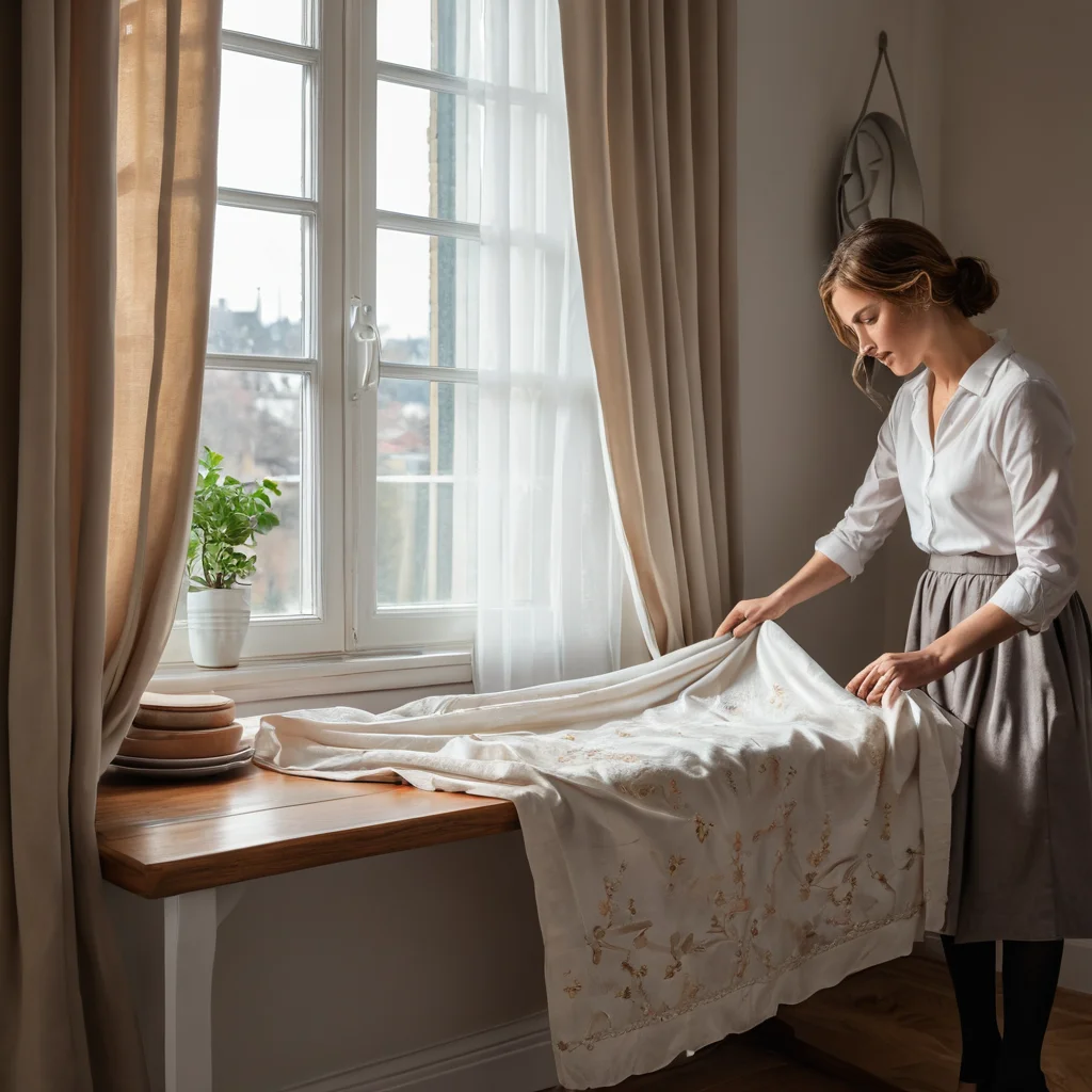 Крупный план рук, утюжащих край готовой шторы, создавая идеальный ровный подгиб и формируя красивые складки, что является секретом профессиональной обработки штор ручной работы.