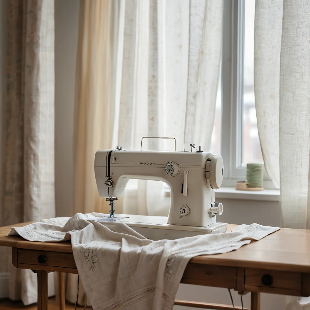 Швейная машинка крупным планом, прошивающая ровную строчку по краю ткани, создавая прямые шторы на кулиске, демонстрируя процесс пошива штор своими руками.