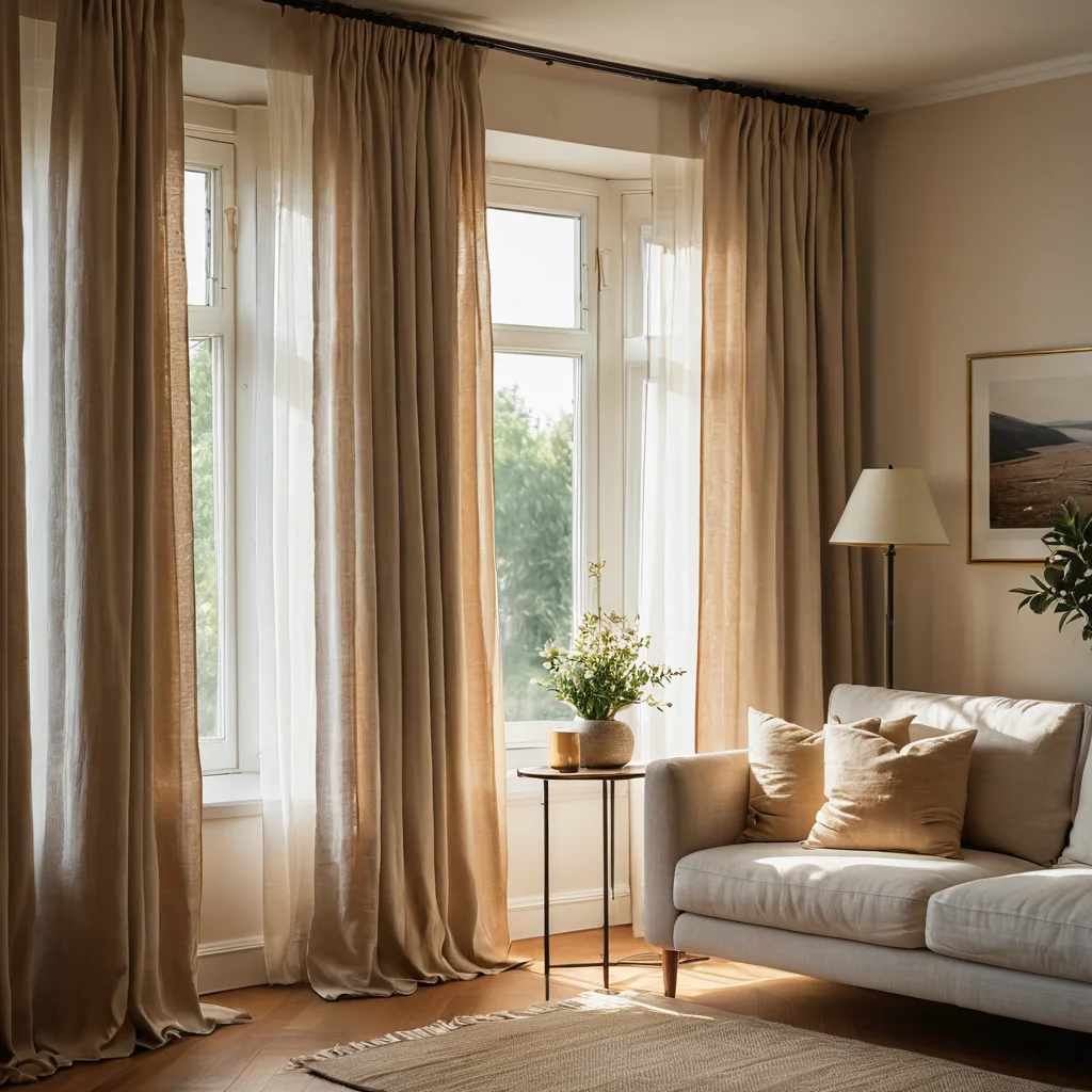 Уютная гостиная с льняными шторами ручной работы, мягко драпирующимися у окна, создавая атмосферу тепла и домашнего уюта. Фото демонстрирует красоту штор, сделанных своими руками, как отражение души дома.