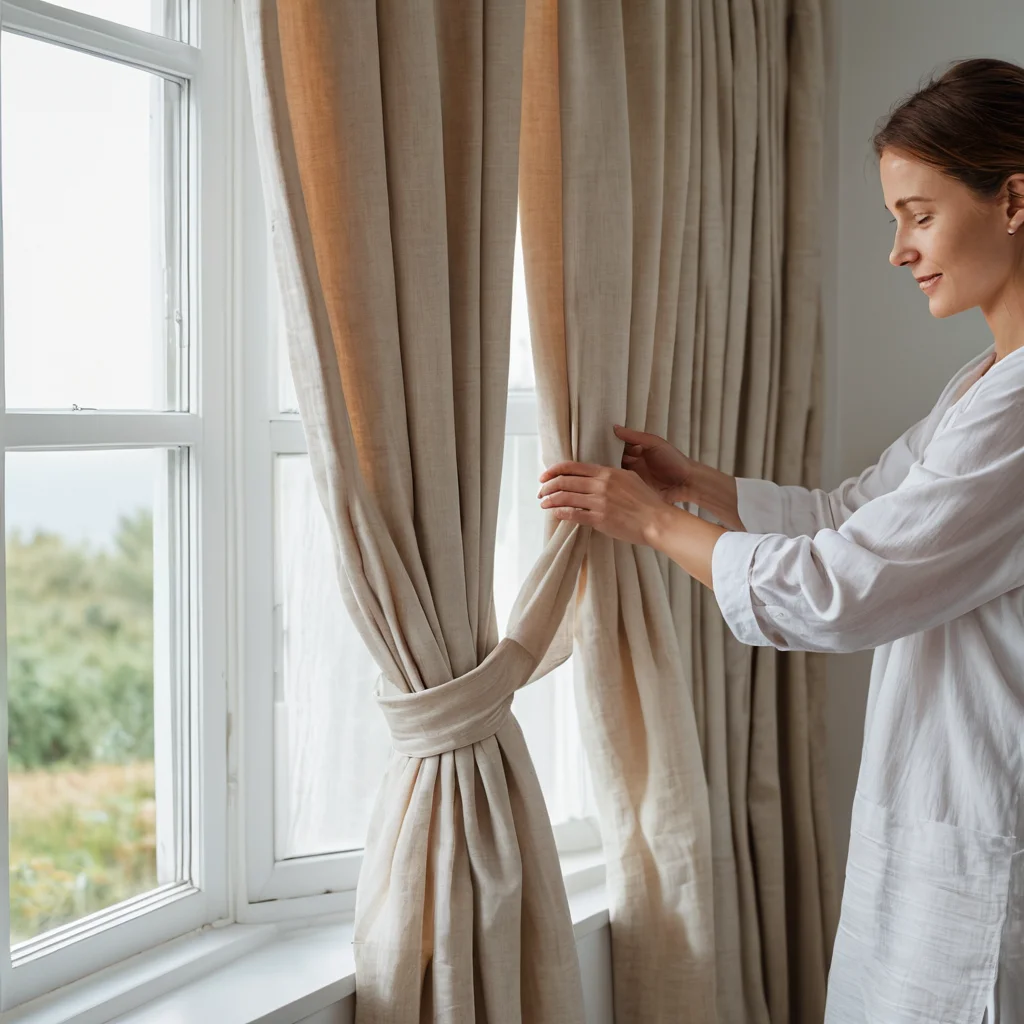 Аккуратные руки бережно складывают чистые, выстиранные льняные шторы, демонстрируя правильный уход за изделиями ручной работы, чтобы сохранить их красоту и свежесть надолго.