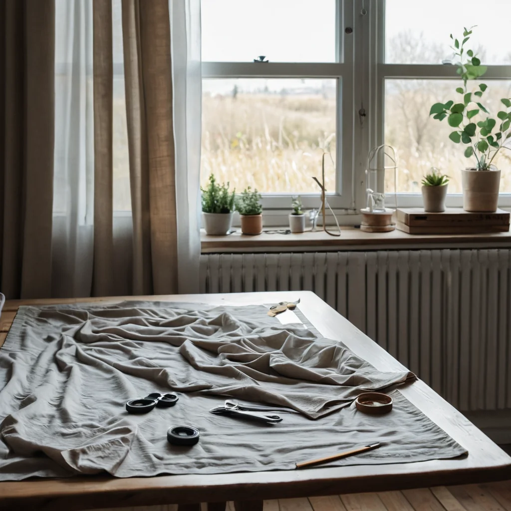 Рабочий стол с разложенной тканью, мерной лентой и острыми портновскими ножницами, где мастер делает точные замеры и крой для создания штор своими руками.