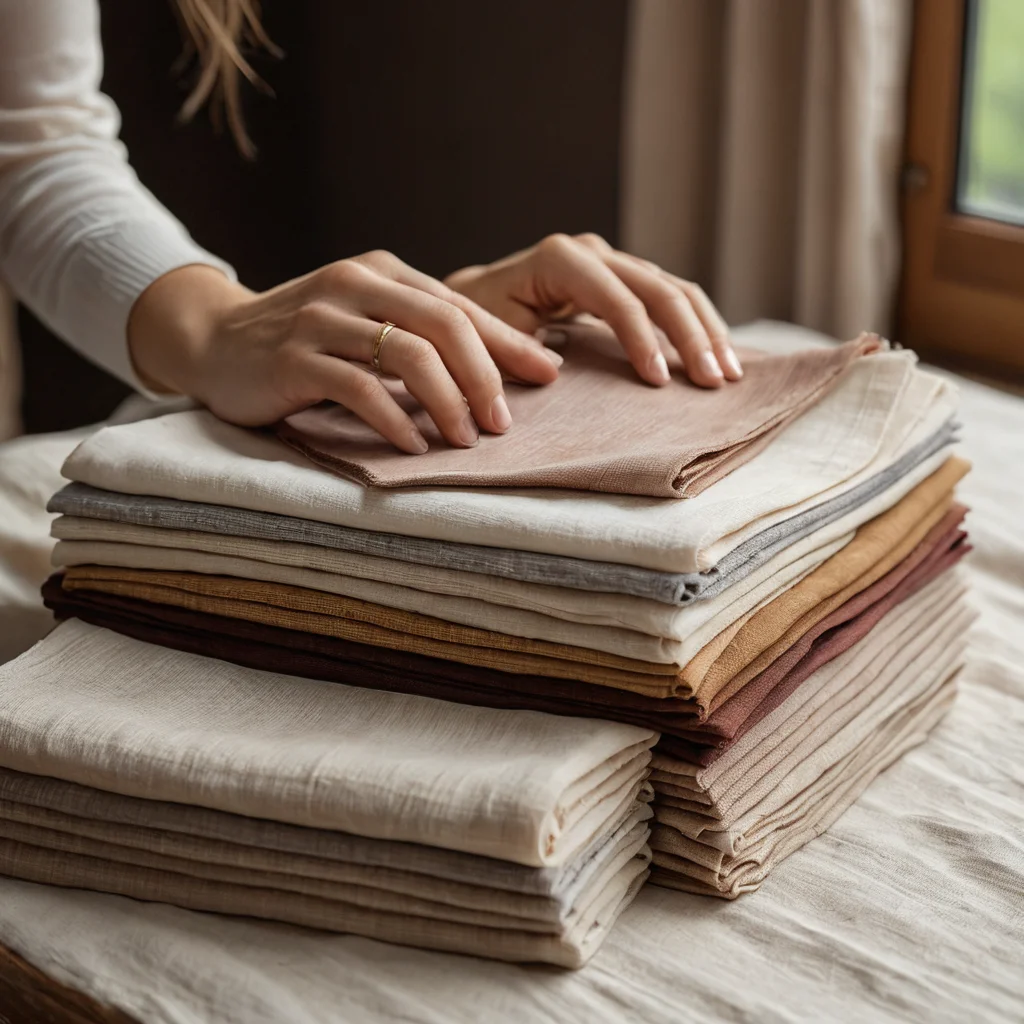 Крупный план рук, выбирающих образцы натуральных тканей – льна, хлопка, муслина – с выраженными текстурами, подготавливая выбор материала для пошива штор своими руками.