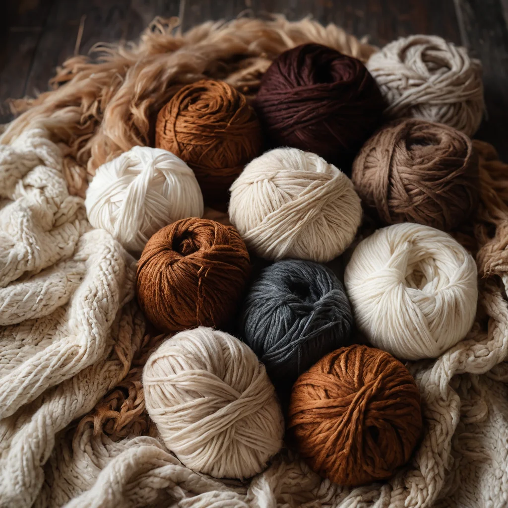 Крупным планом на стопку мотков толстой пряжи натуральных оттенков (шерсть, альпака), демонстрирующая богатство текстур и цветов, идеальных для вязания пледа руками.