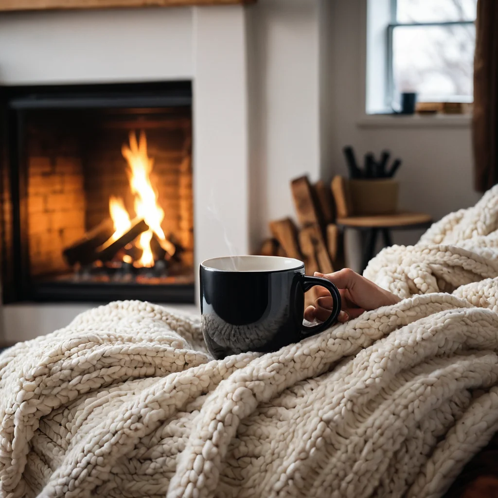 Человек, уютно завернувшийся в теплый плед из толстой пряжи, связанный руками, наслаждающийся домашним теплом в окружении мягкого света и уютной атмосферы.