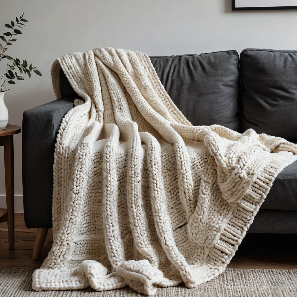 Стилизованный вязаный плед из толстой пряжи, выступающий в роли арт-объекта, элегантно расположенный на диване в современном интерьере, акцент на декоративные возможности.