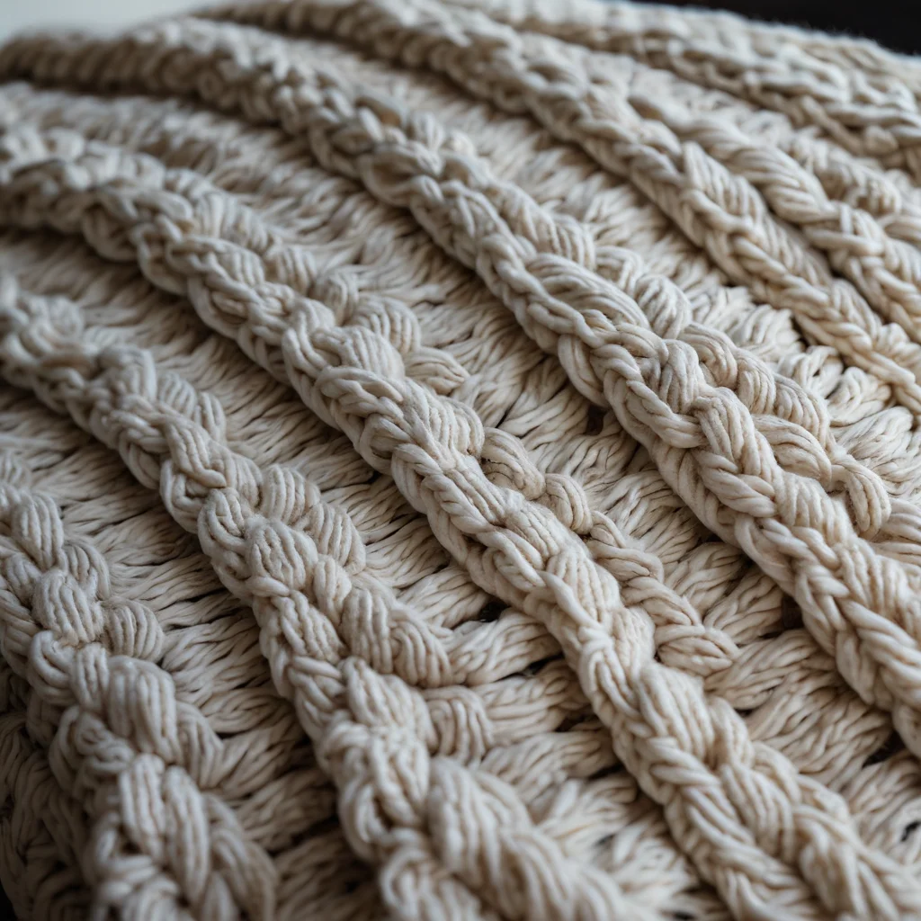 Макро-съемка детализированного узора на готовом пледе, связанном руками из толстой пряжи, подчеркивающая текстуру, объем и глубину стежков.