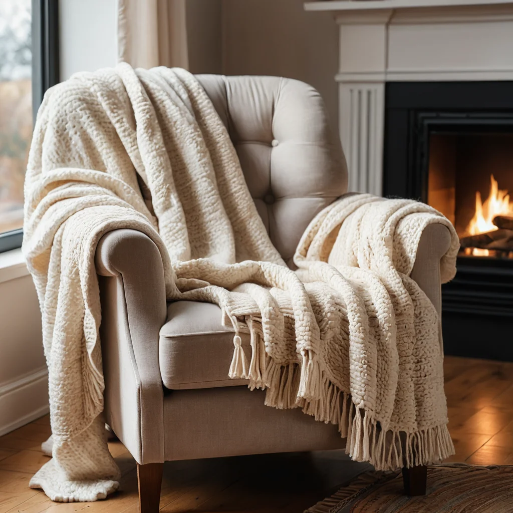 Объемный плед из толстой пряжи, небрежно наброшенный на уютное кресло в гостиной, с акцентом на текстуру материала и мягкое естественное освещение, создающее атмосферу хюгге.