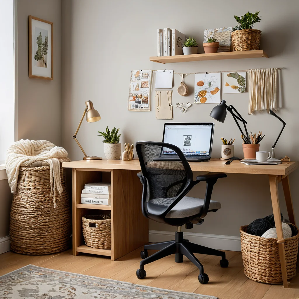 Идеально организованное рабочее пространство для вязания крючком: чистый стол, мягкое кресло, хорошее освещение, готовые материалы и инструменты, подчеркивающие важность эргономики и безопасности для продуктивной подготовки к работе.