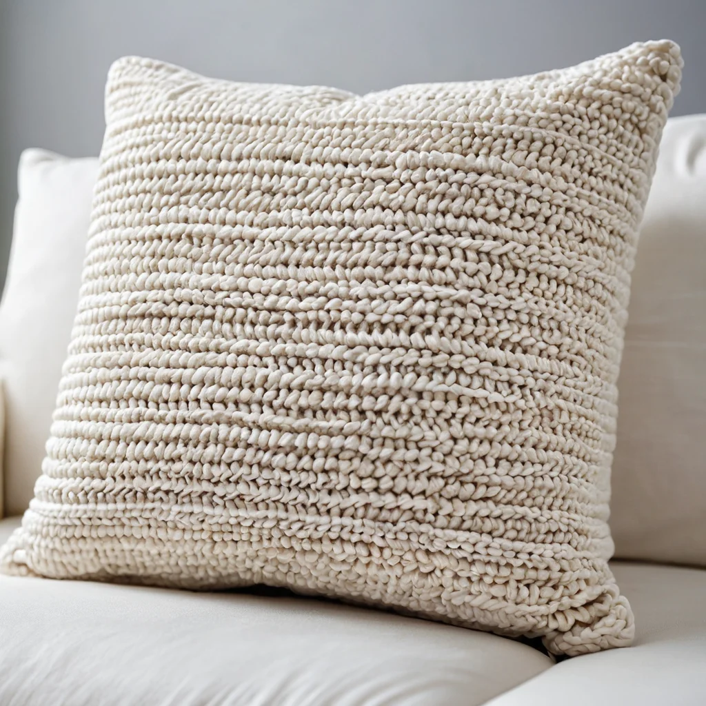 Мягкая наволочка для подушки, связанная крючком, в процессе наполнения синтепоном, демонстрирующая этап сборки и придания законченного вида в пошаговом мастер-классе.