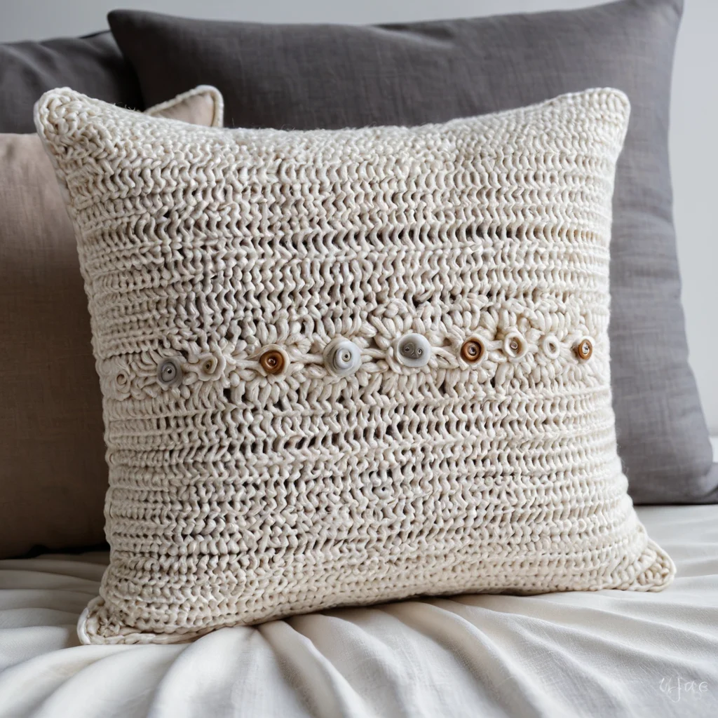 Идеально отблокированная и профессионально обработанная вязаная подушка, демонстрирующая гладкую текстуру и ровные стежки, с элементами для кастомизации – иллюстрация профессиональных секретов финишной обработки.