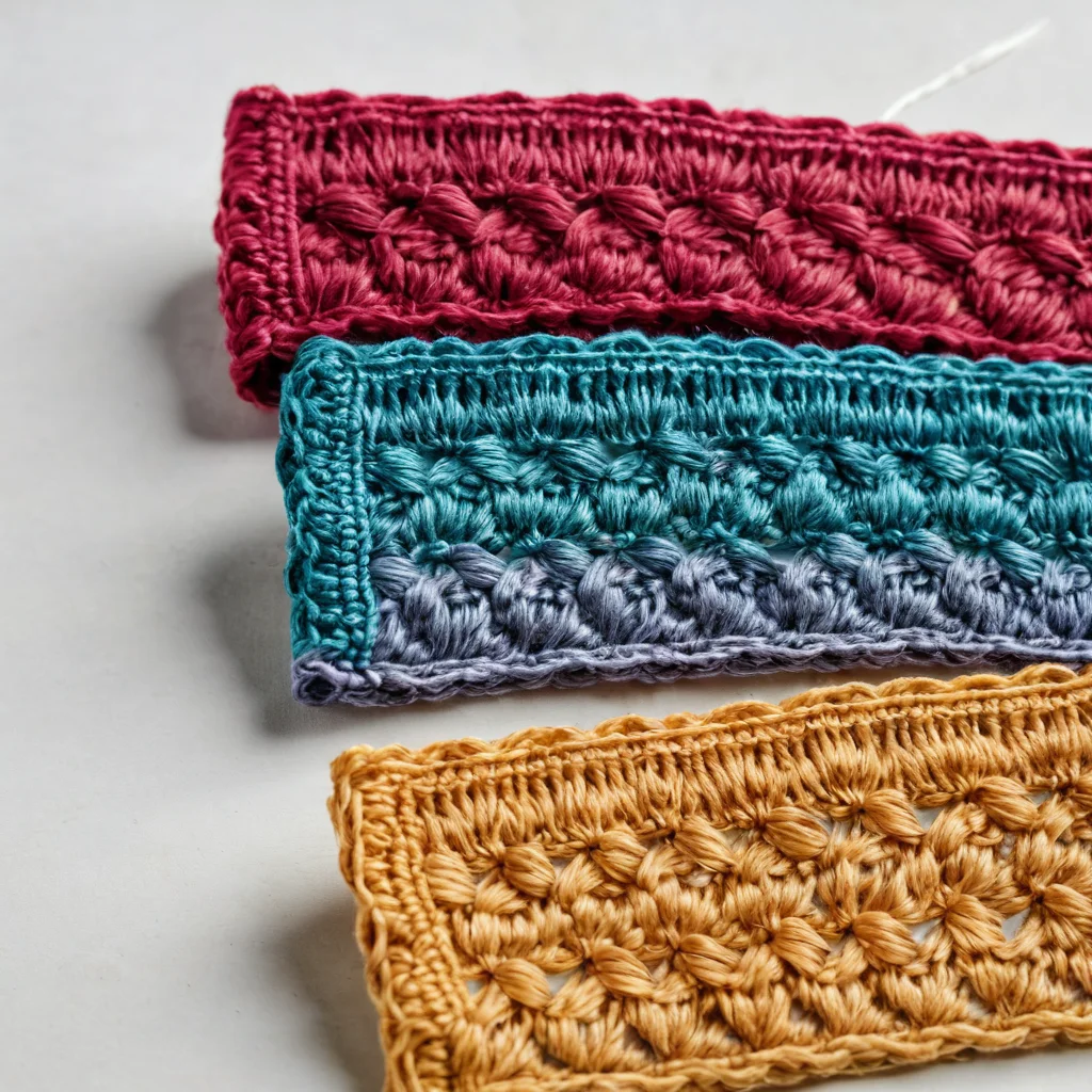 Визуальное сравнение двух образцов вязания крючком: один с идеально ровными краями, другой с заметными неровностями, иллюстрирующее частые ошибки новичков, такие как стягивание и неровные края, и помогающее их избежать.