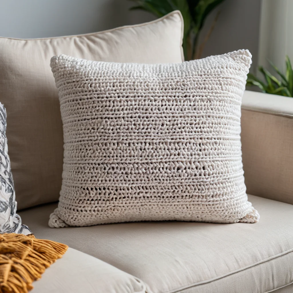 Красивая вязаная подушка ручной работы, уютно расположенная на диване, рядом с ней журнал с новыми схемами для вязания, символизирующая уход за изделием, вдохновение для новых проектов и сохранение красоты handmade декора.