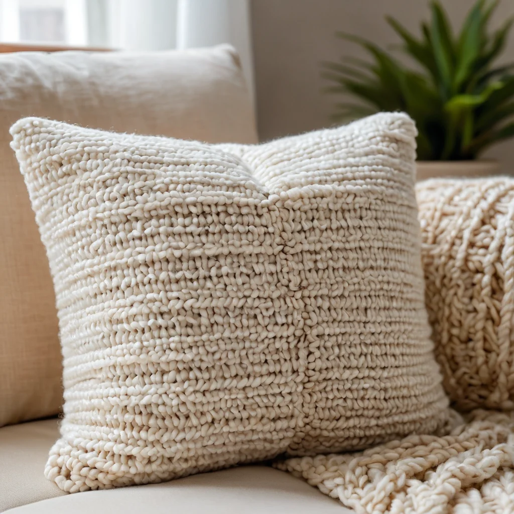 Уютная обстановка для начинающих мастеров, осваивающих вязание крючком с нуля: на столе лежит мягкая пряжа и частично связанное полотно будущей идеальной подушки, создавая атмосферу творчества и обучения.