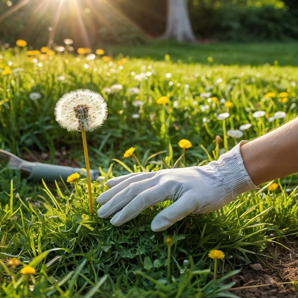 أيدي ترتدي قفازات الحديقة، تزيل الهندباء من عشب أخضر كثيف، مما يوضح الطرق اليدوية لمكافحة الأعشاب الضارة بدون مبيدات.