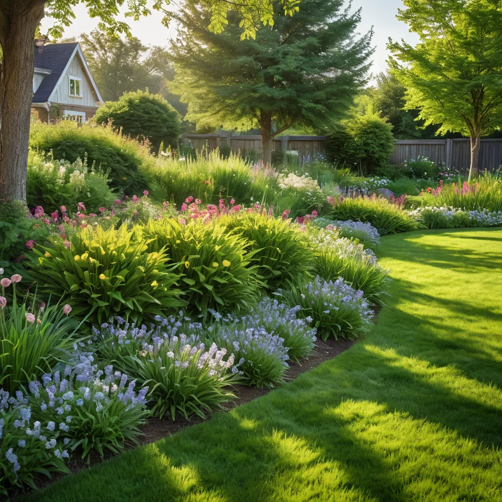 حديقة ربيعية مع خضرة متفتحة، وعشب مقصوص حديثًا، وزهور أولى تحت ضوء الشمس اللطيف، توضح العناية الموسمية بدون مواد كيميائية.