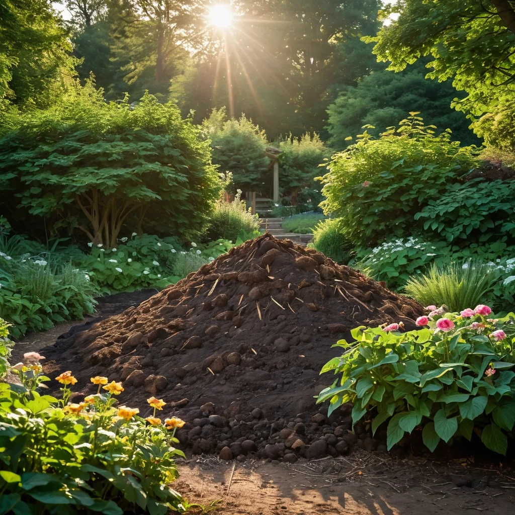 لقطة مقربة لكومة سماد عضوي، وهو سماد طبيعي للعشب، بجانب أدوات الحديقة وتربة غنية. صورة توضح طرق التسميد البيئية.