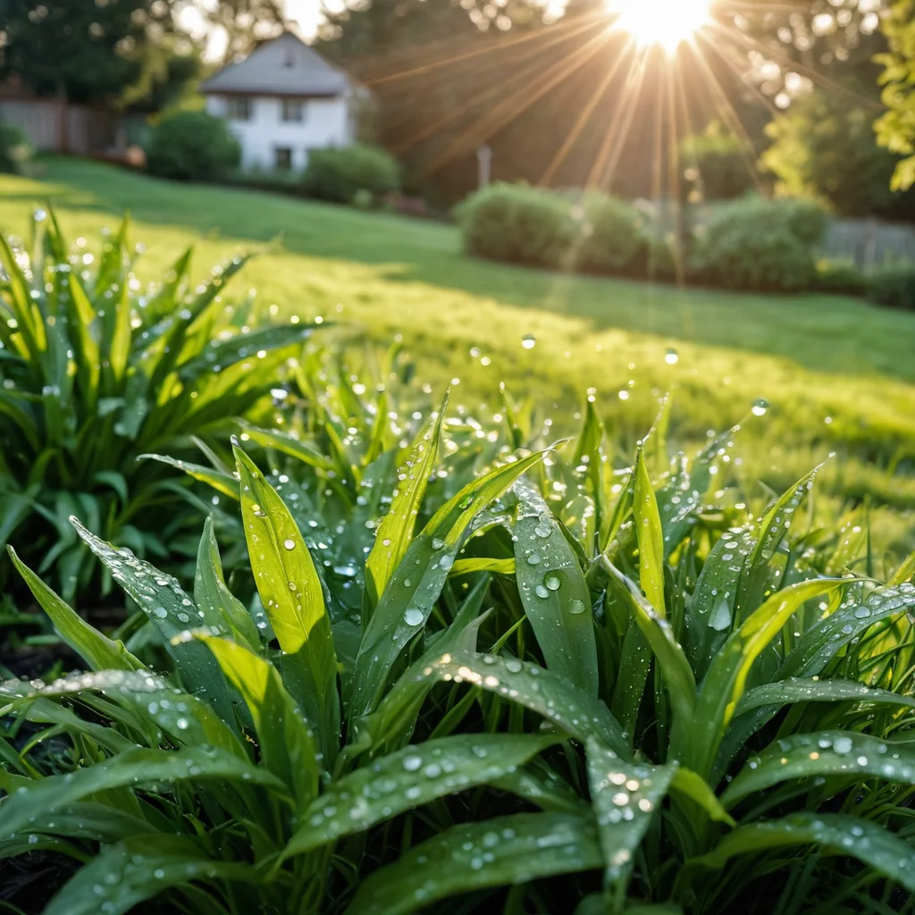 Изумрудно-зеленый, густой газон, залитый солнечным светом, с каплями росы, демонстрирующий красоту и здоровье участка без использования химикатов. Фотореалистичное изображение.