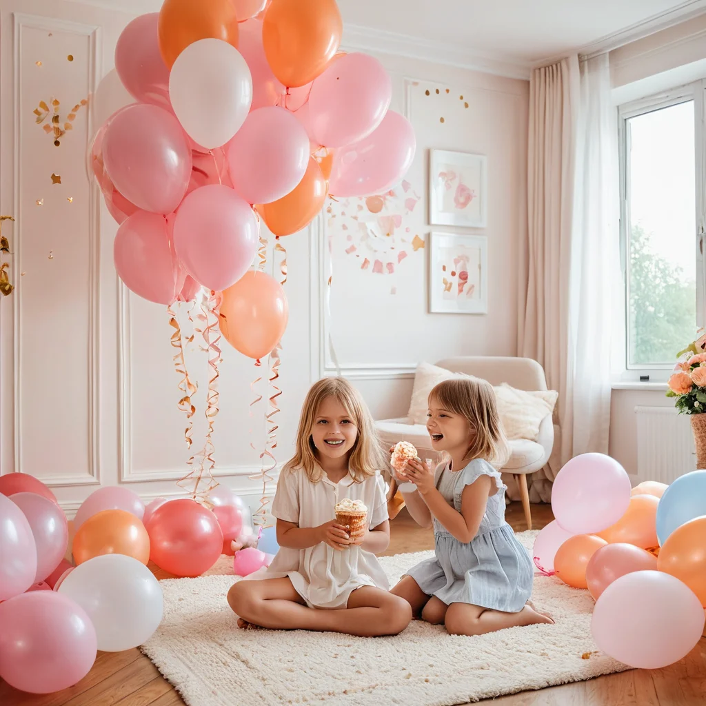 Празднично украшенная гостиная с воздушными шарами и гирляндами, где смеющиеся дети играют, а родители наблюдают с улыбкой, создавая магию детского дня рождения без стресса. Декор дома для праздника.
