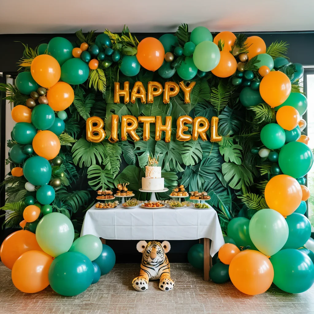 Детский день рождения, оформленный в волшебной тематике 'Сафари в джунглях' с зелеными растениями, фигурками животных и яркими шарами, демонстрирующий идеальные идеи для праздника.