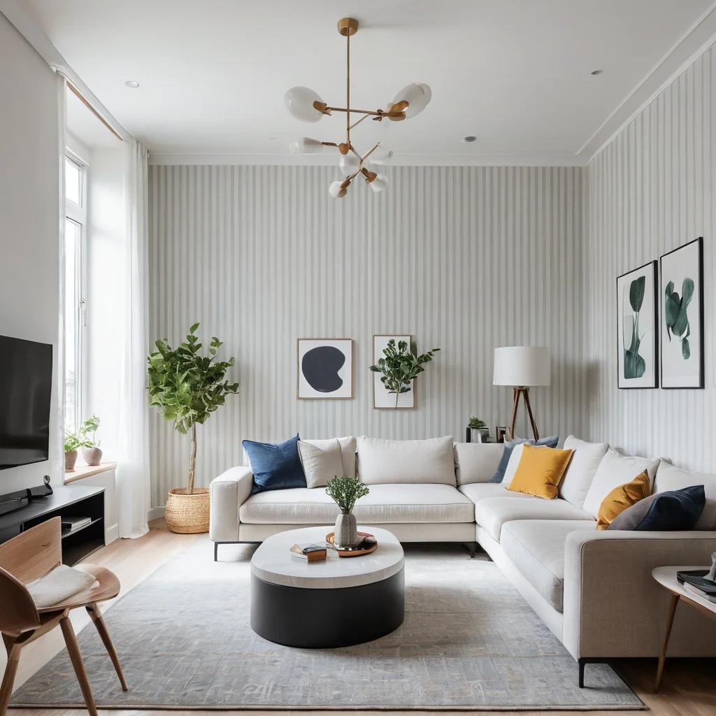 Фотореалистичное изображение интерьера небольшой квартиры, наполненного ярким естественным светом из больших окон, с высоким потолком, акцентированным вертикальными элементами, и светлой цветовой палитрой, создающей ощущение простора.