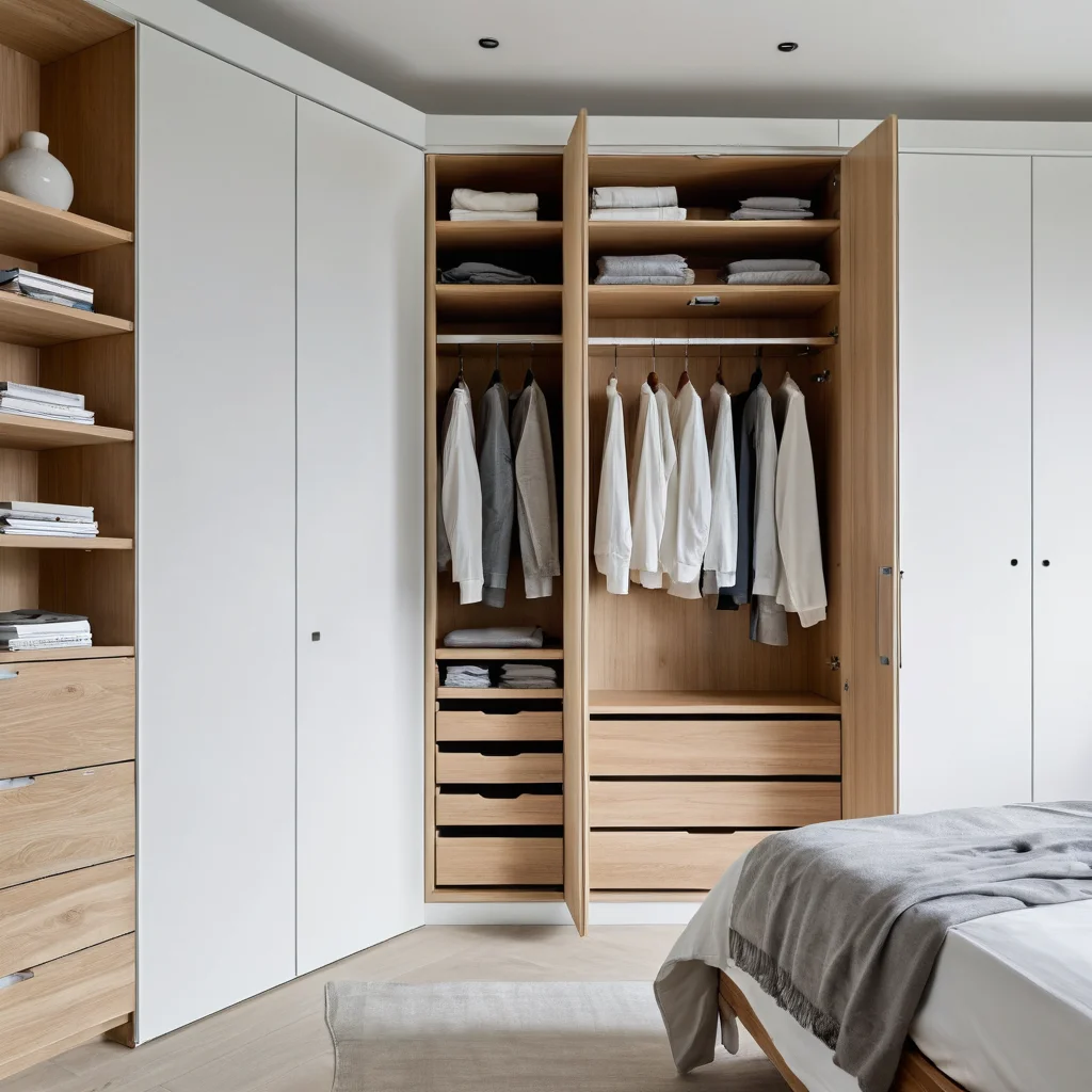 Фотореалистичное изображение небольшой спальни со встроенными и скрытыми системами хранения: шкафы от пола до потолка, незаметные полки, создающие чистые линии и ощущение порядка.
