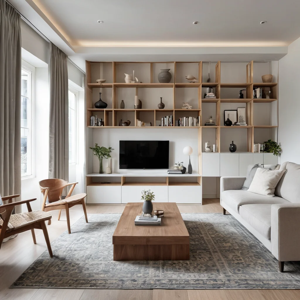 Фотореалистичное изображение небольшой квартиры с открытой планировкой, где зонирование пространства осуществляется с помощью ковра, легкой ширмы и открытого стеллажа, без использования сплошных перегородок.