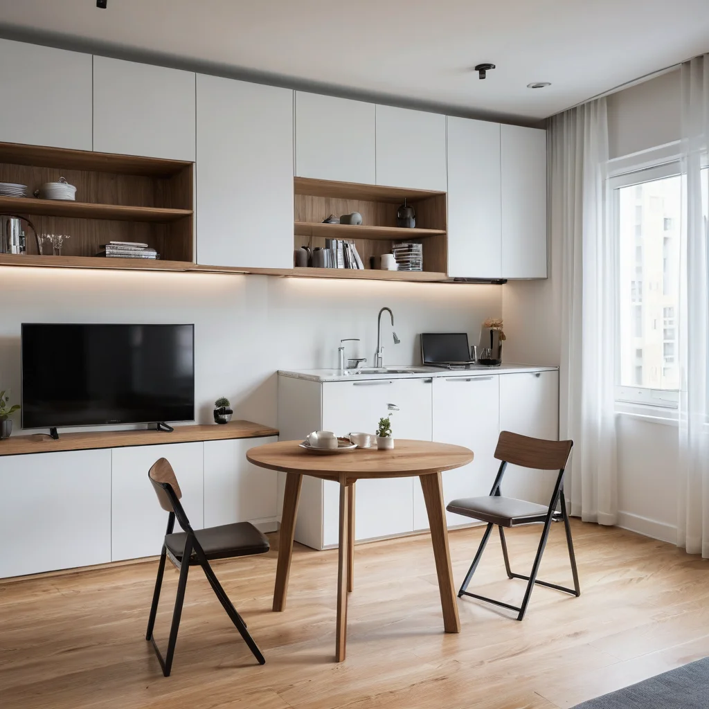 Фотореалистичное изображение малогабаритной квартиры-студии с умной мебелью-трансформером: откидная кровать, складной обеденный стол, модульный диван, демонстрирующее эффективную планировку и функциональность.