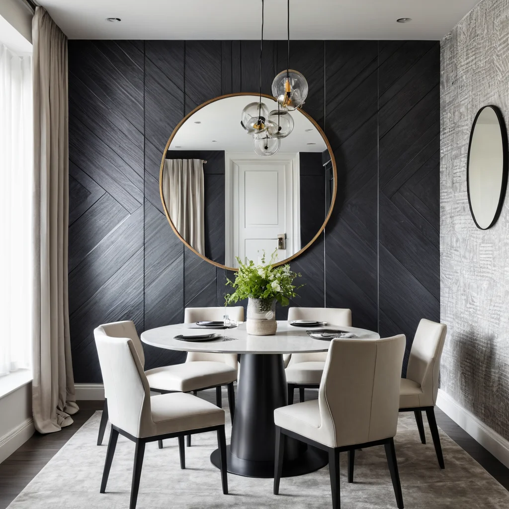 Фотореалистичное изображение маленькой столовой с большим круглым зеркалом на стене, создающим оптическую иллюзию увеличенного пространства, в сочетании с текстурными обоями и вертикальными линиями.