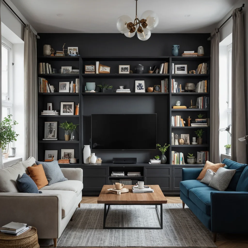 Фотореалистичное изображение гостиной в маленькой квартире, демонстрирующее визуальный шум и захламленность: избыток декора, неорганизованные полки, темные шторы, создающие ощущение тесноты и хаоса.