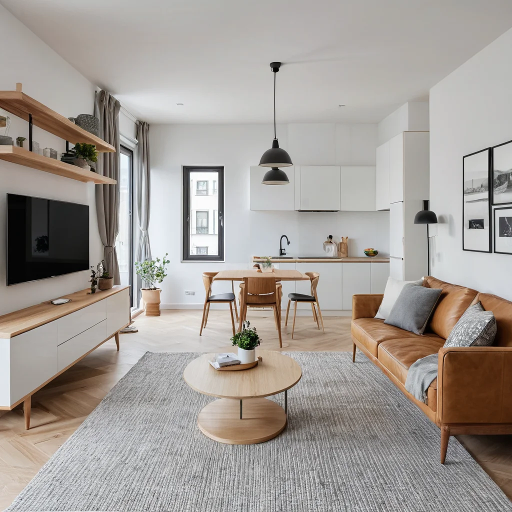 Фотореалистичное изображение современного, светлого и воздушного интерьера маленькой квартиры, демонстрирующее организованное пространство с функциональной планировкой, умным хранением и минималистичной мебелью, визуально увеличенное и упорядоченное.